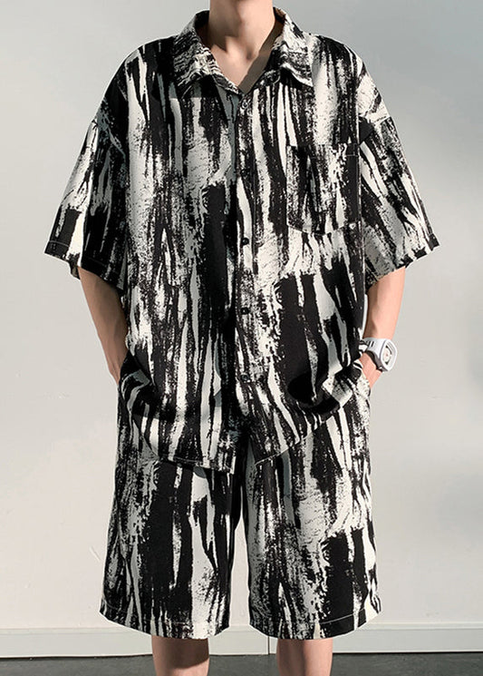 Style Print Peter Pan Collar Two Pieces Set Ice Silk Shirts and Shorts Summer