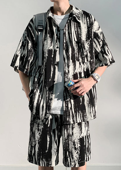 Style Print Peter Pan Collar Two Pieces Set Ice Silk Shirts and Shorts Summer