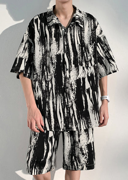 Style Print Peter Pan Collar Two Pieces Set Ice Silk Shirts and Shorts Summer