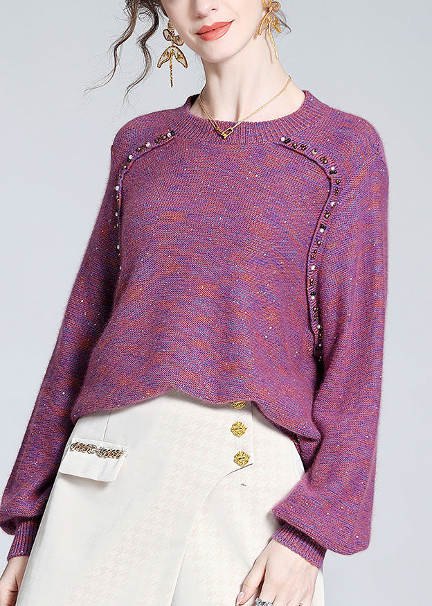 Style Purple O-neck Nail Bead Cashmere Knit Sweaters Spring