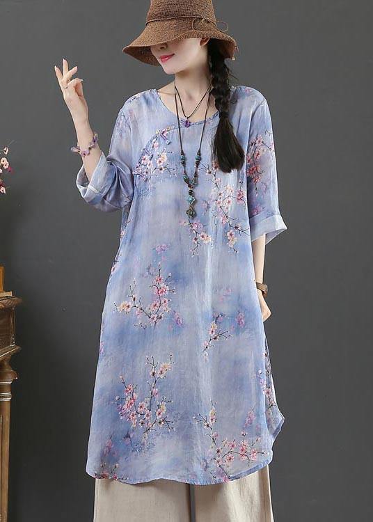 Style Purple Print Oriental Long Linen Shirt Top Summer