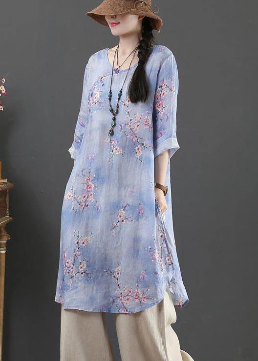 Style Purple Print Oriental Long Linen Shirt Top Summer