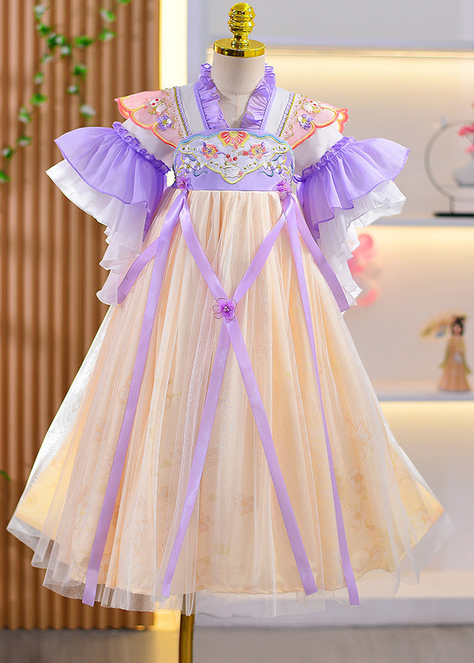 Style Purple Ruffled Embroideried Patchwork Kids Long Dresses Summer
