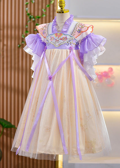 Style Purple Ruffled Embroideried Patchwork Kids Long Dresses Summer