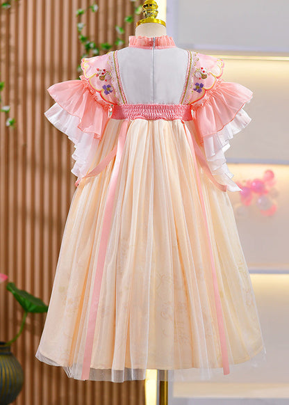 Style Purple Ruffled Embroideried Patchwork Kids Long Dresses Summer