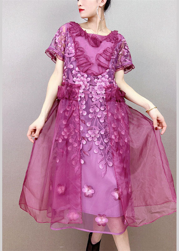 Style Purple Ruffled Decorated Patchwork Tulle Dress Summer