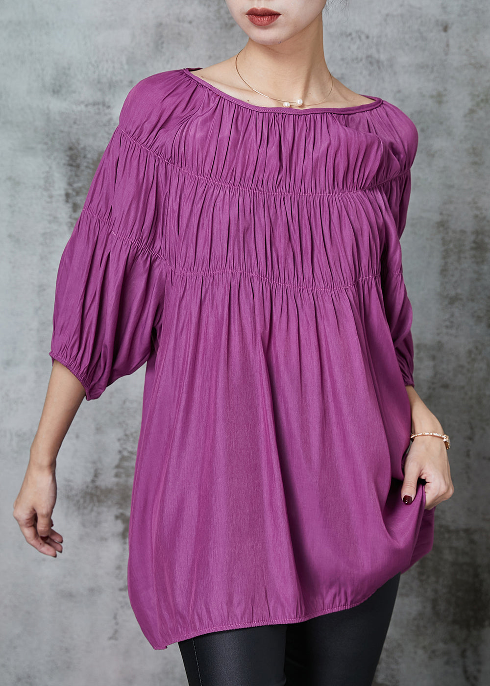 Style Purple Slash Neck Wrinkled Cotton Shirt Bracelet Sleeve
