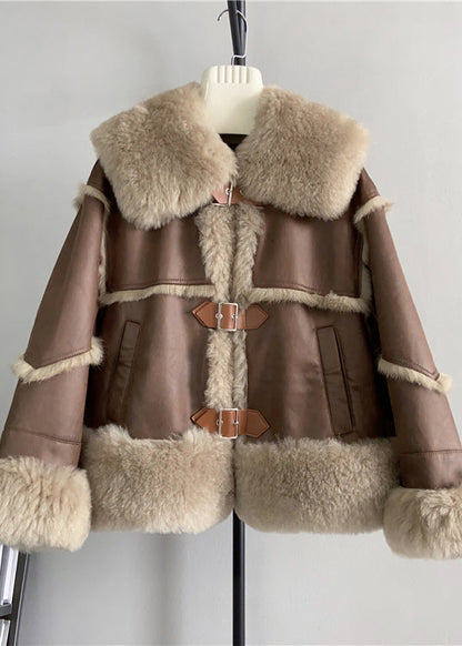 Style Purple Square Collar Pockets Patchwork Leather and Fur Coat Winter