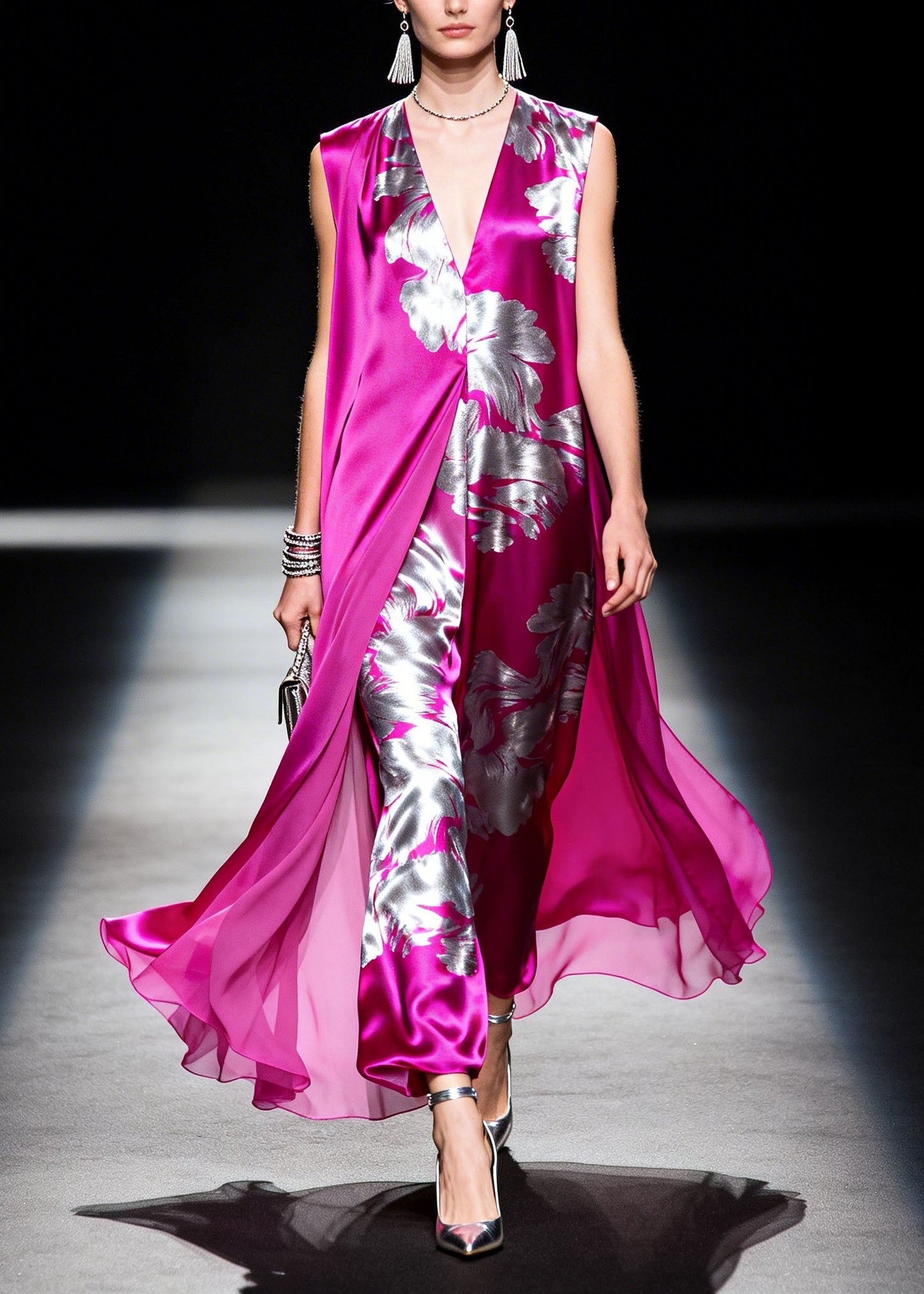 Style Purple V Neck Print Patchwork Silk Dress Summer