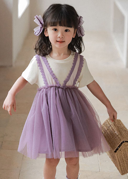 Style Purple Wrinkled Lace Patchwork False Two Pieces Tulle Baby Dress Summer