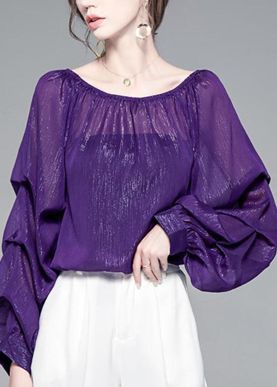Style Purple Wrinkled Slash Neck Chiffon Tops Puff Sleeve
