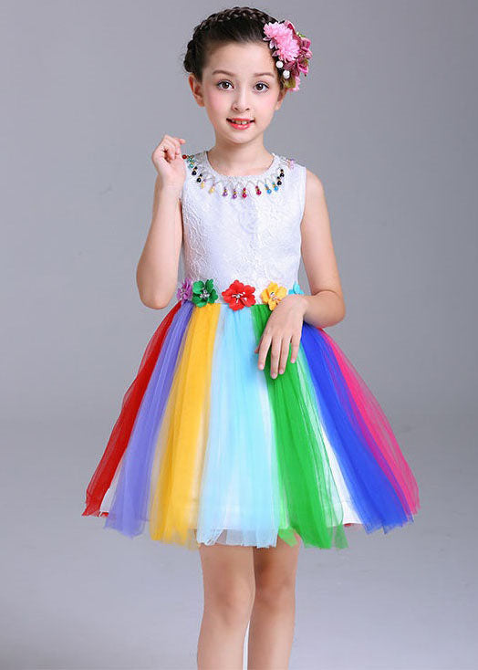 Style Rainbow O Neck Patchwork Tulle Kids Dresses Sleeveless