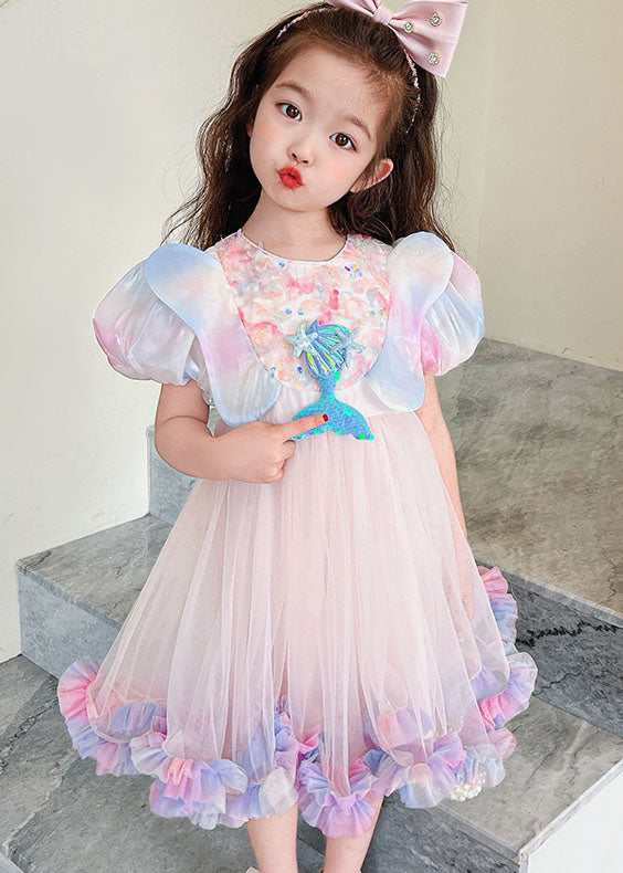 Style Rainbow Ruffled Patchwork Tulle Kids Dress Summer