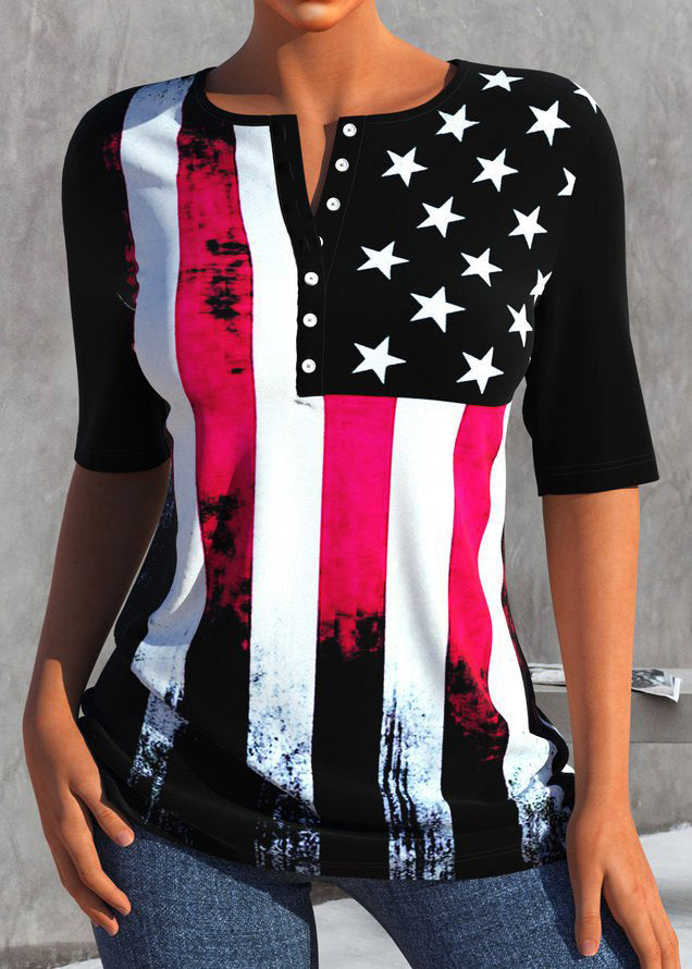 Style Red Blue O-neck Independence Day Print Button Cotton Tank Tops Short Sleeve