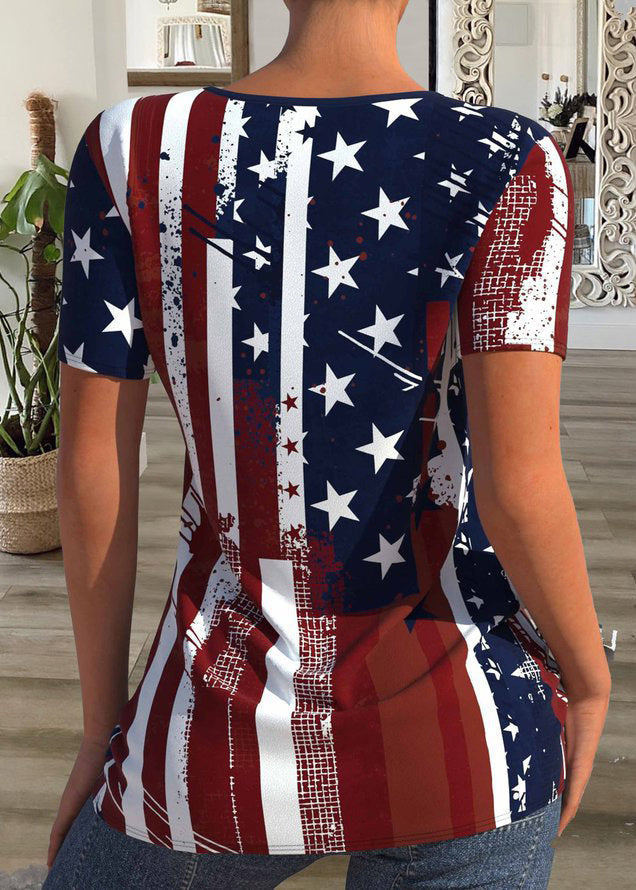 Style Red Blue O-neck Independence Day Print Button Cotton Tank Tops Short Sleeve