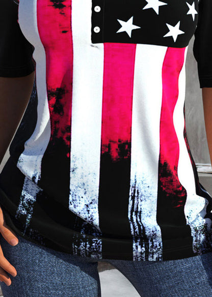 Style Red Blue O-neck Independence Day Print Button Cotton Tank Tops Short Sleeve