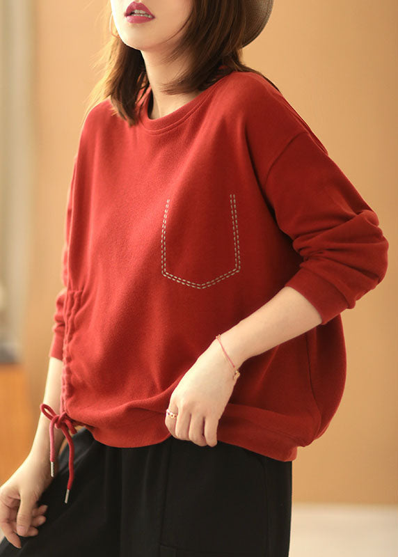 Style Red Loose O-neck Patchwork Fall Sweatshirts Top