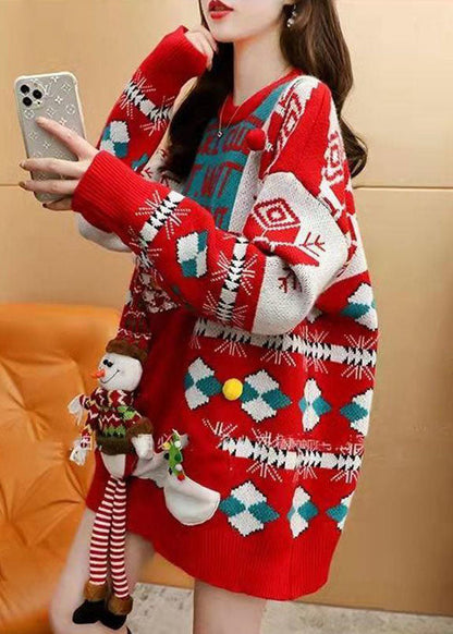 Style Red O-neck Oversized Christmas Print Knit Long Sweater Winter