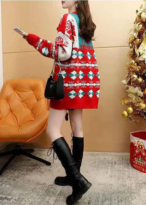 Style Red O-neck Oversized Christmas Print Knit Long Sweater Winter