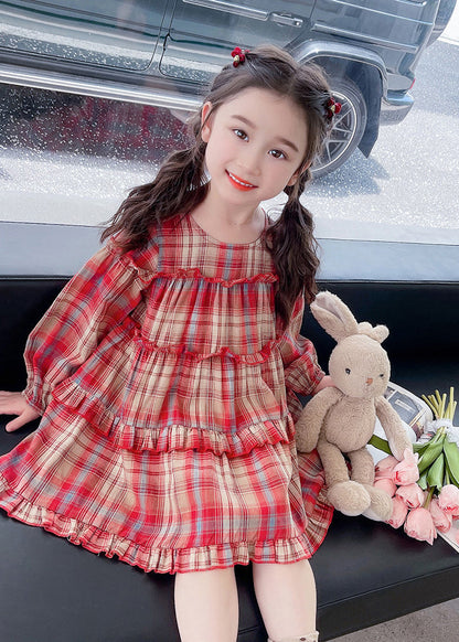 Style Red O-neck Plaid Patchwork Maxi Dress Long Sleeve