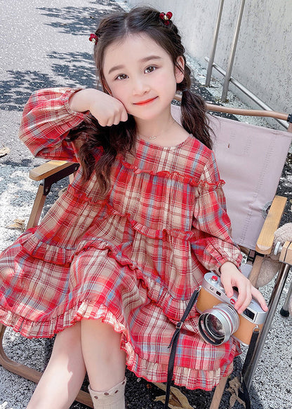 Style Red O-neck Plaid Patchwork Maxi Dress Long Sleeve
