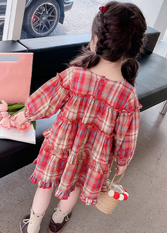 Style Red O-neck Plaid Patchwork Maxi Dress Long Sleeve