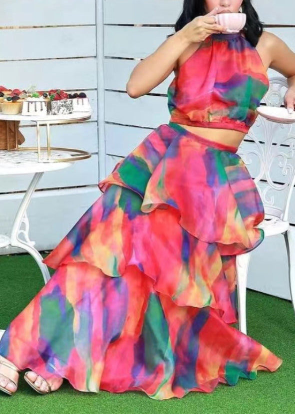 Style Red O-neck Print Cold Shoulder Long Dress Summer