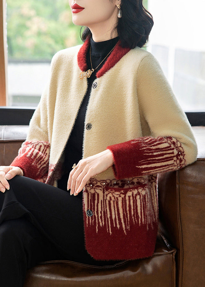 Style Red O-neck Rivet Mink Hair Knitted Coats Fall
