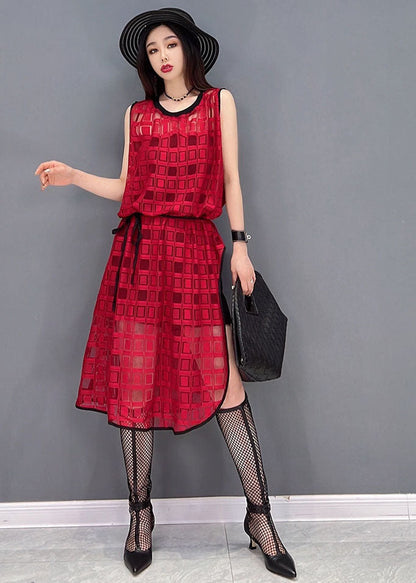 Style Red O-neck Side Open Plaid Chiffon Long Dress Sleeveless