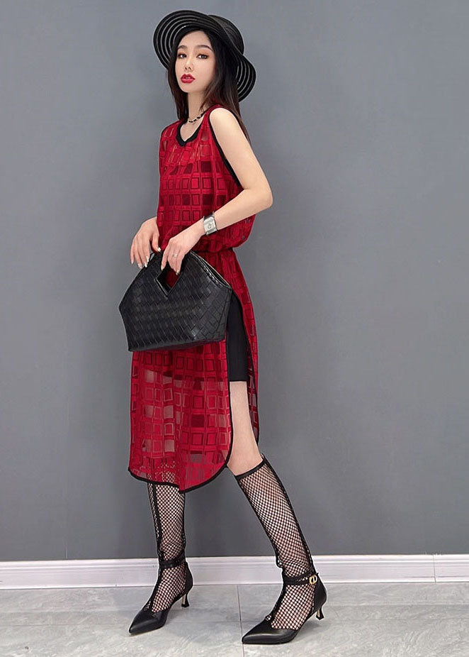 Style Red O-neck Side Open Plaid Chiffon Long Dress Sleeveless