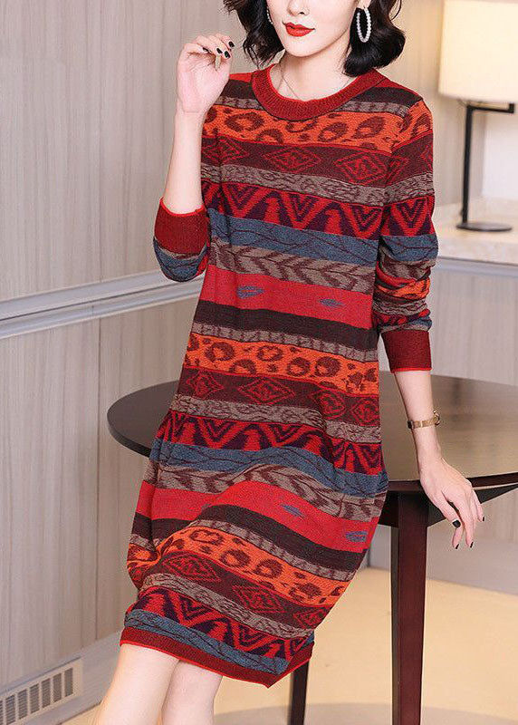 Style Red O-neck Striped Thick Long Knit Dress Long Sleeve