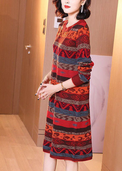 Style Red O-neck Striped Thick Long Knit Dress Long Sleeve