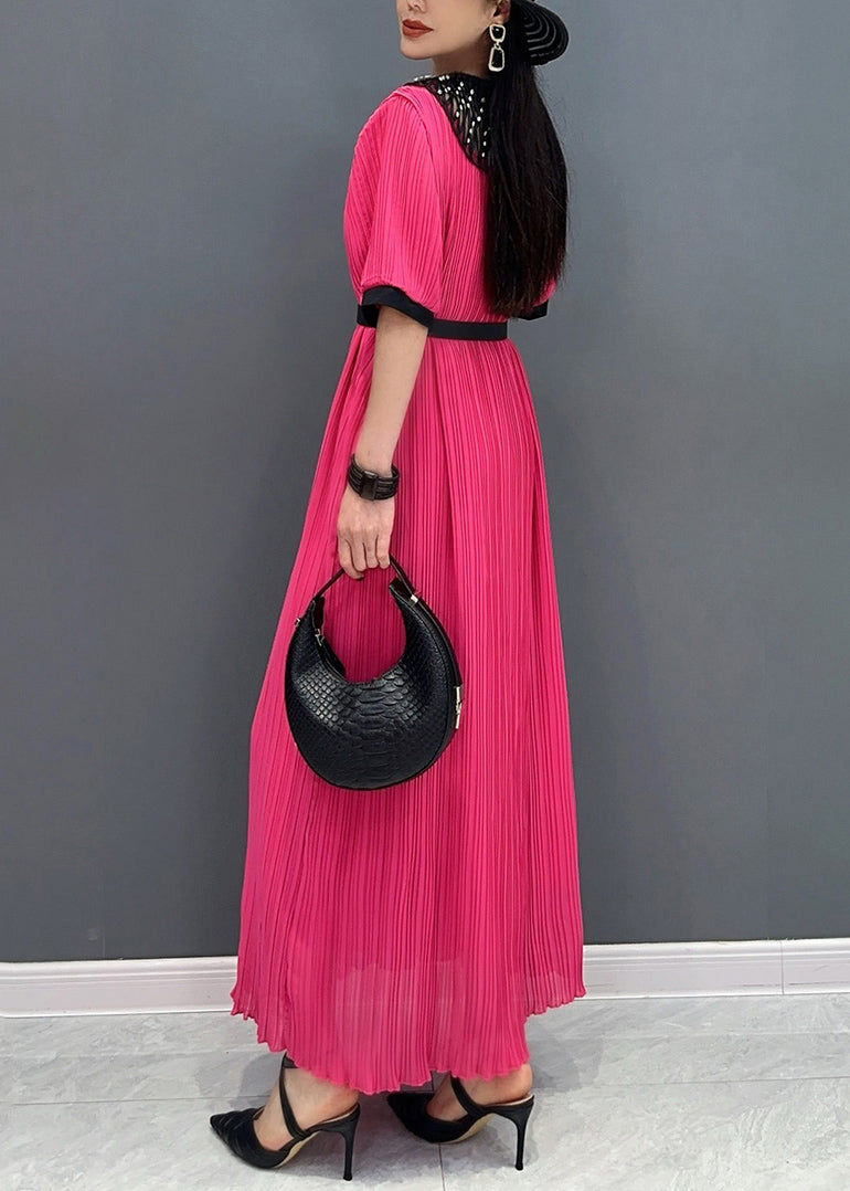 Style Red O-neck Wrinkled Long Dress Short Sleeve