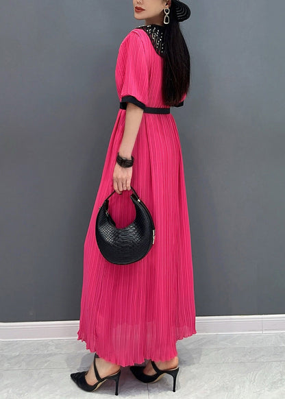 Style Red O-neck Wrinkled Long Dress Short Sleeve