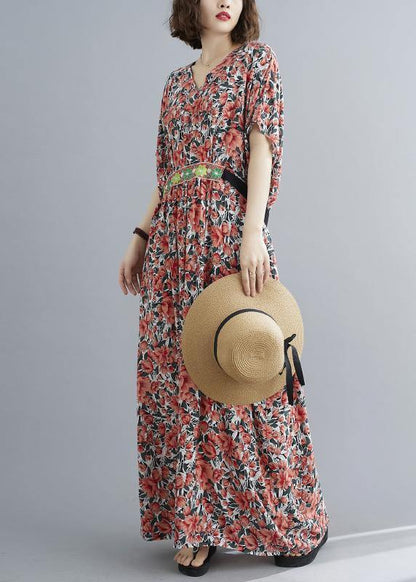 Style Red Print Button Summer Cotton Dress