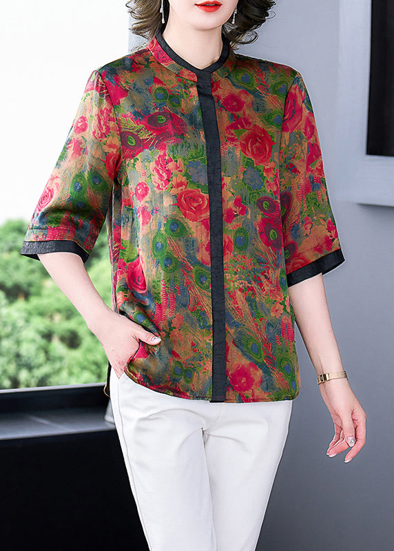 Style Red Stand Collar Patchwork Print Silk Blouses Half Sleeve