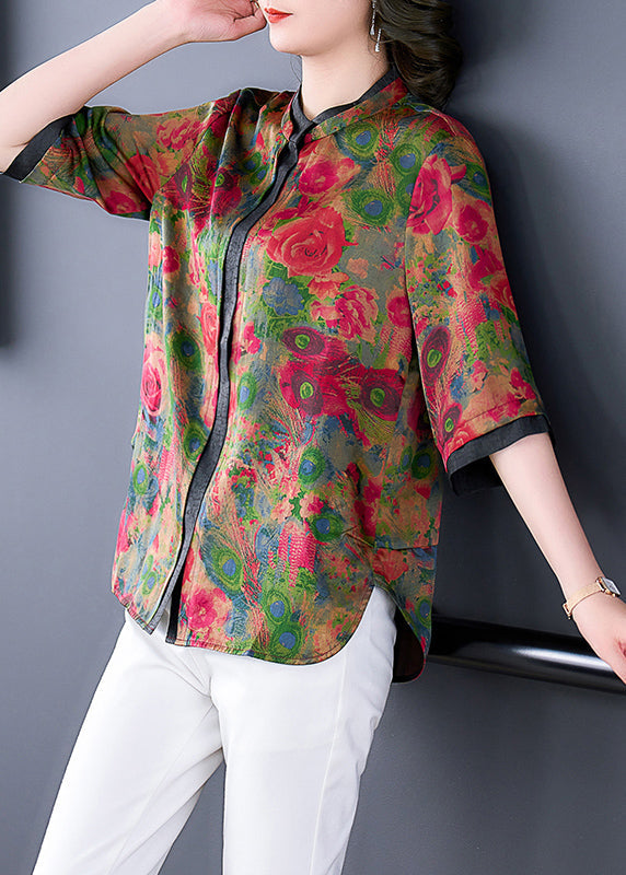 Style Red Stand Collar Patchwork Print Silk Blouses Half Sleeve