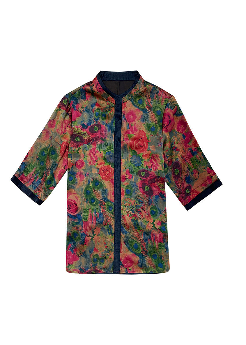 Style Red Stand Collar Patchwork Print Silk Blouses Half Sleeve
