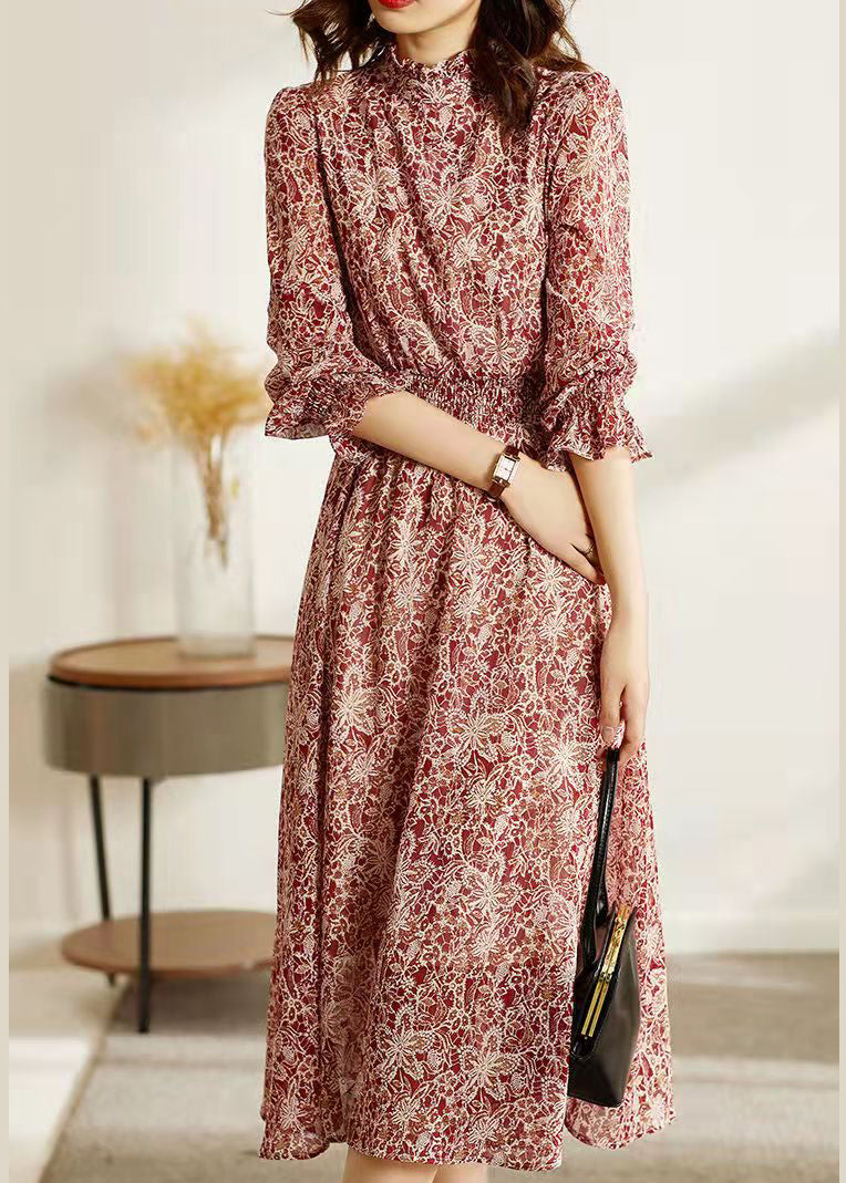 Style Red Stand Collar Elastic Waist Print Silk Long Dresses Flare Sleeve