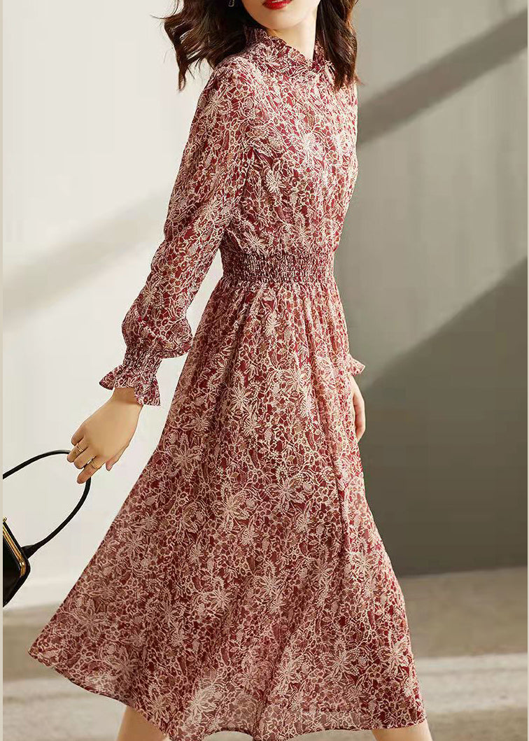 Style Red Stand Collar Elastic Waist Print Silk Long Dresses Flare Sleeve
