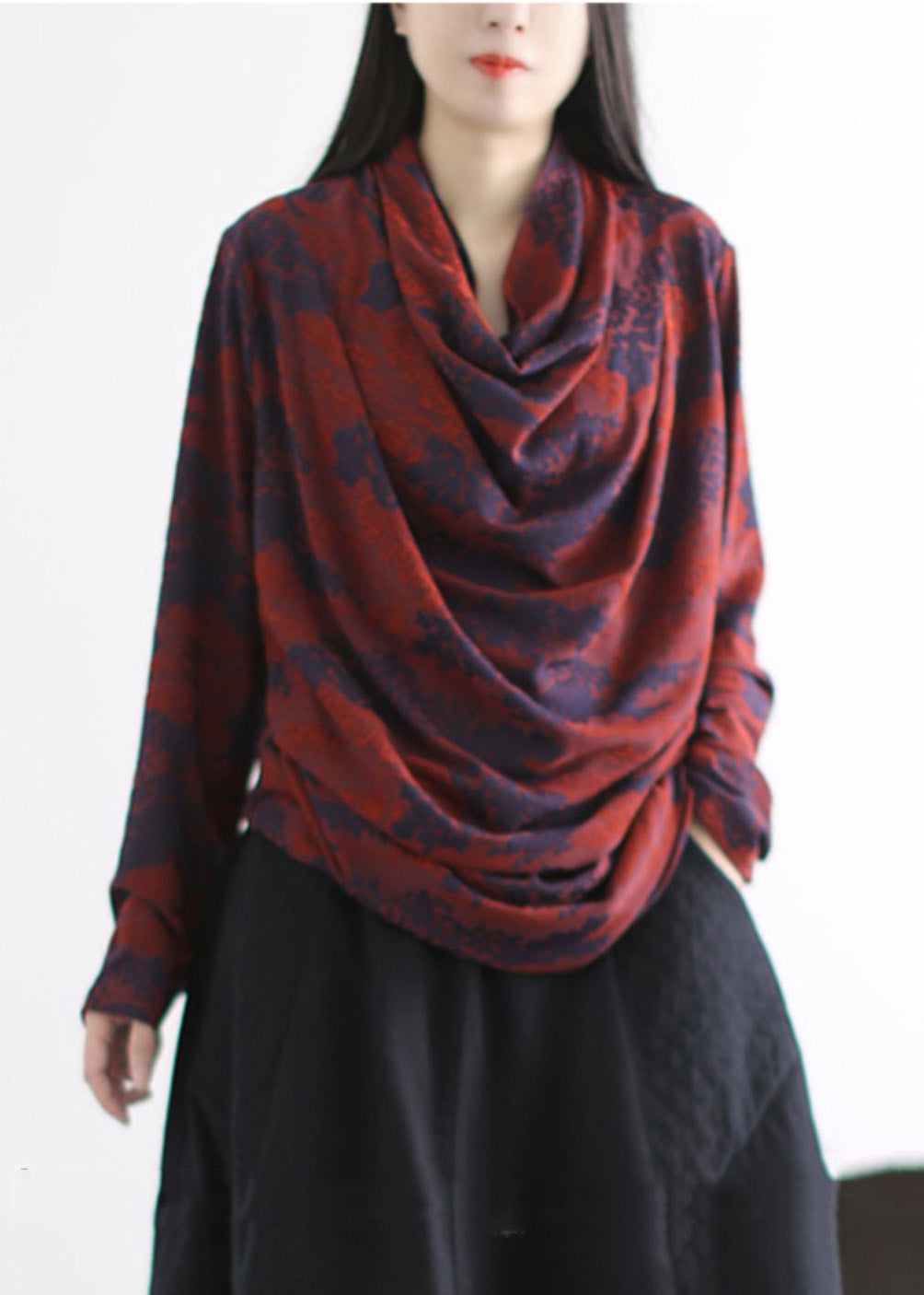 Style Red Turtle Neck Wrinkled Cotton Shirts Spring