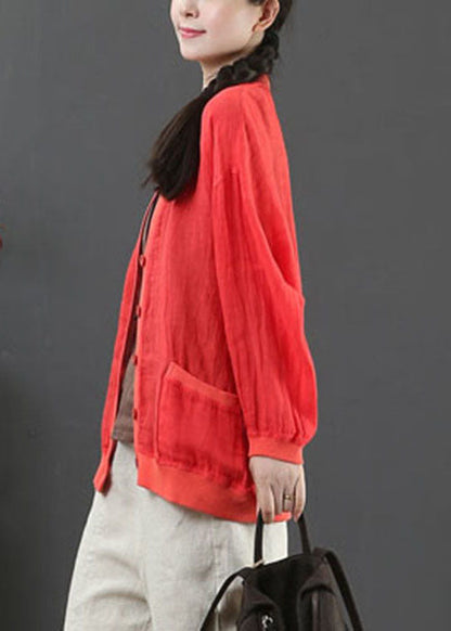 Style Red V Neck Pockets Linen Coats Spring