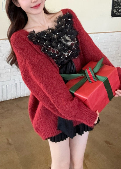 Style Red Wear on Both Sides Patchwork Bow Knit Sweaters Winter