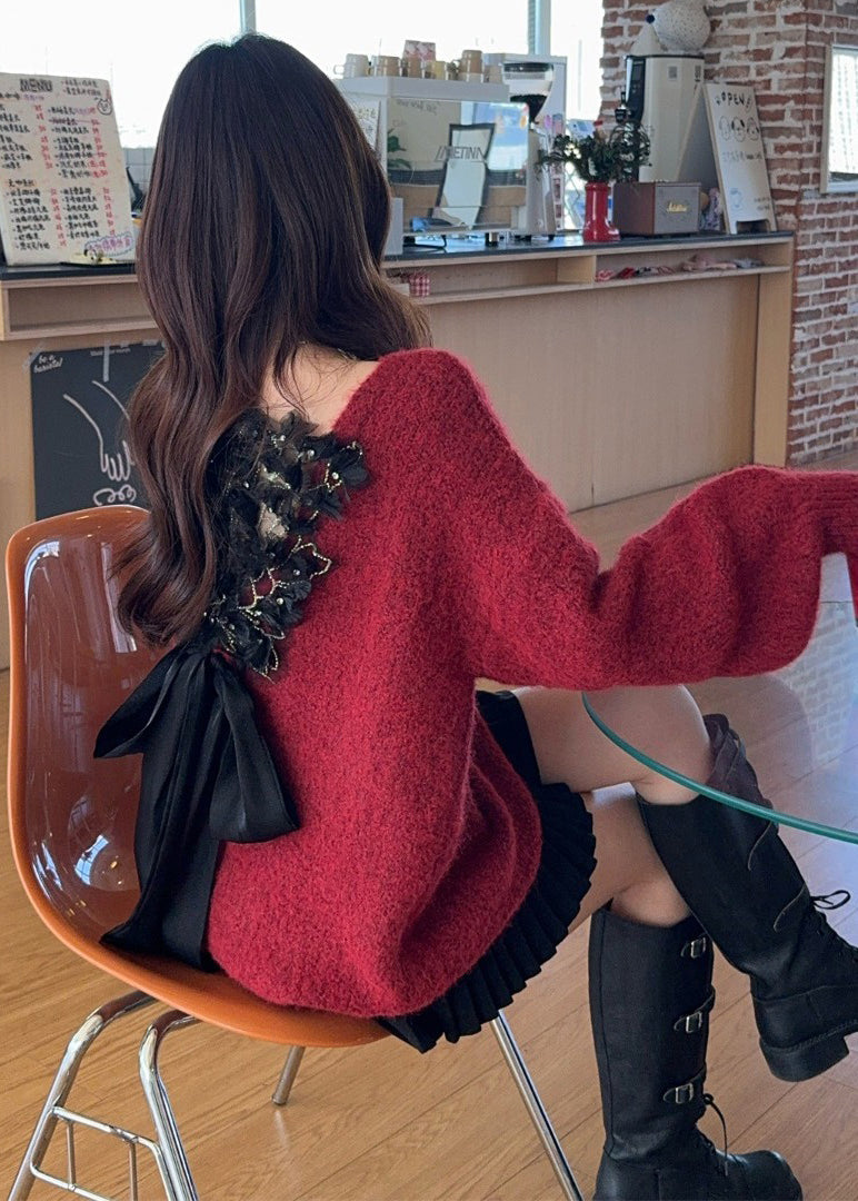 Style Red Wear on Both Sides Patchwork Bow Knit Sweaters Winter