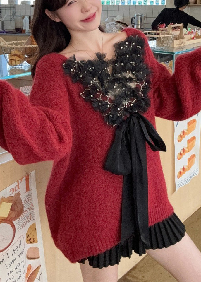 Style Red Wear on Both Sides Patchwork Bow Knit Sweaters Winter