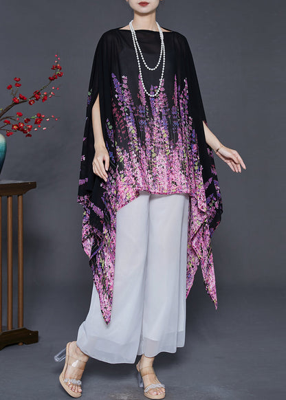 Style Rose Asymmetrical Print Chiffon Shirt Top Summer