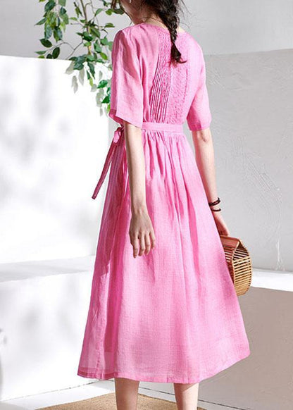 Style Rose Cinched Sashes Summer Ramie Sundress Half Sleeve