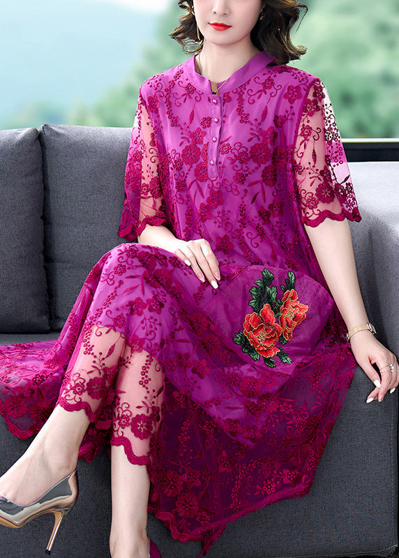 Style Rose Embroideried Tulle Long Dresses Short Sleeve
