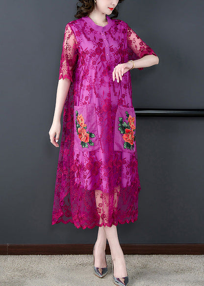 Style Rose Embroideried Tulle Long Dresses Short Sleeve