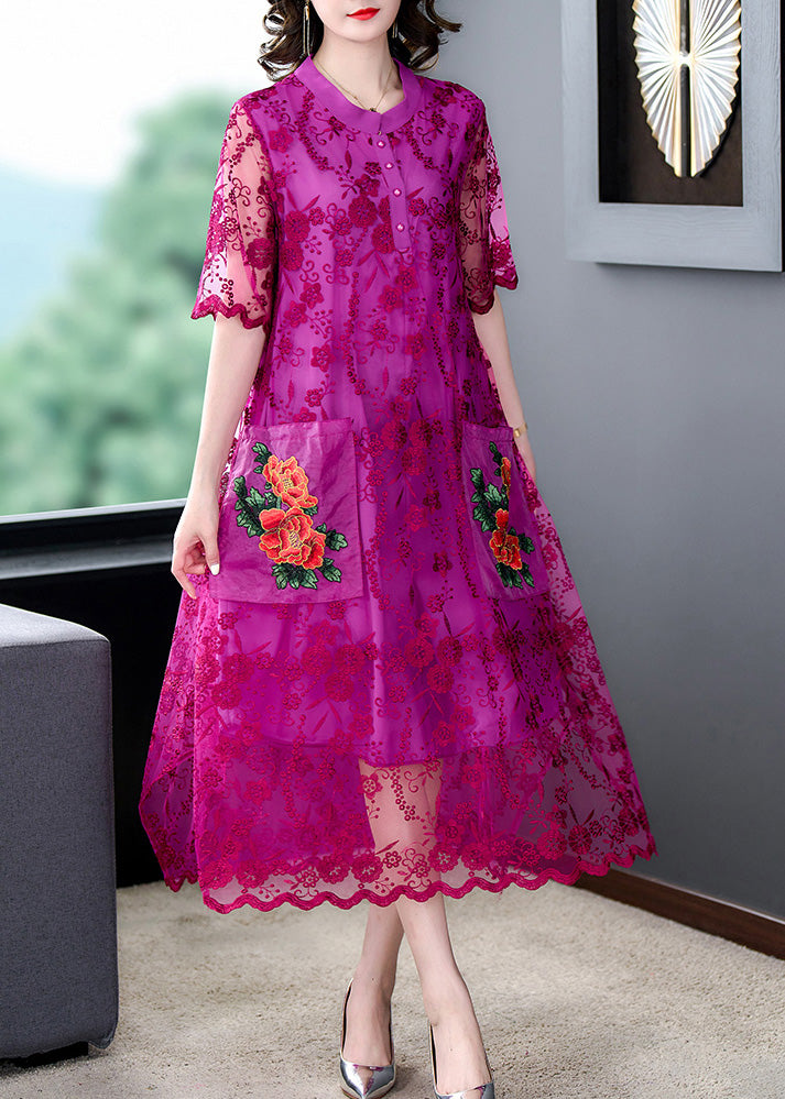 Style Rose Embroideried Tulle Long Dresses Short Sleeve